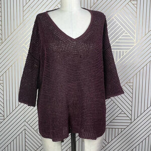 Isabel Marant Maroon Purple Open Knit Linen Blend V-Neck Sweater Size 38 /‎ US 6